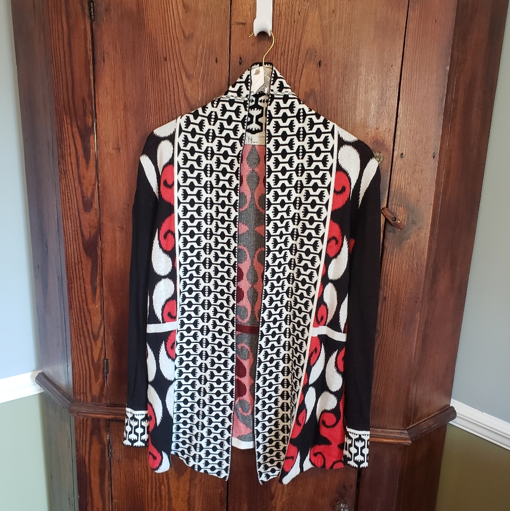 Neve Red, White & Black Open Front Cardigan Sz L